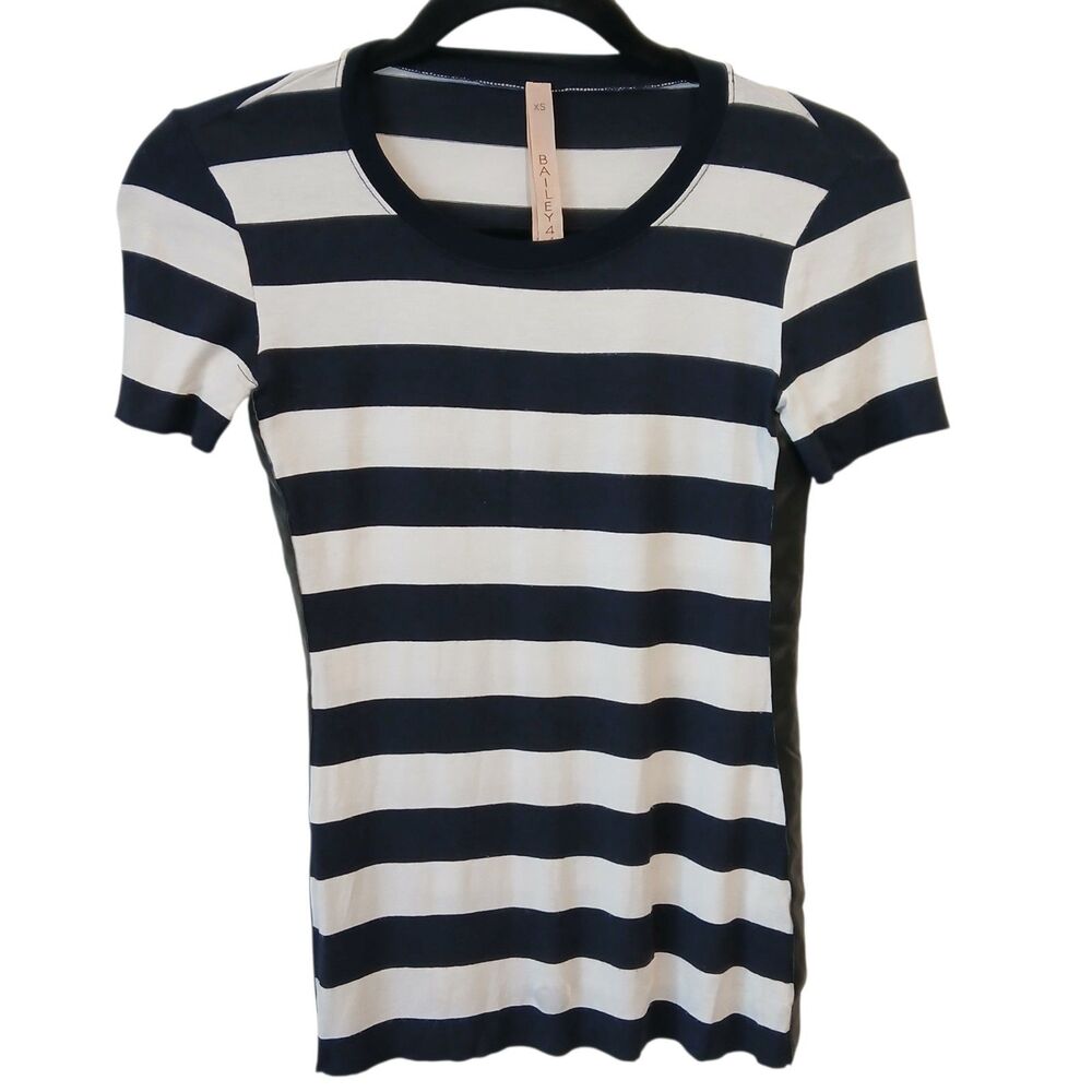 Bailey 44 Black And White Striped Stretchy Tshirt Size XS Faux Leather Sides